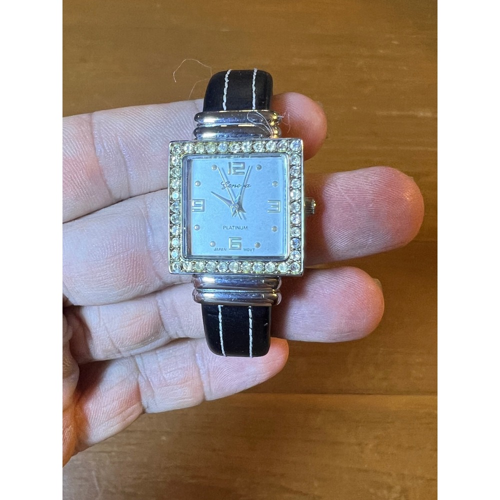 Geneva Platinum Women Cuff Watch Rhinestone Bezel Black Strap 7056 Japan Movt